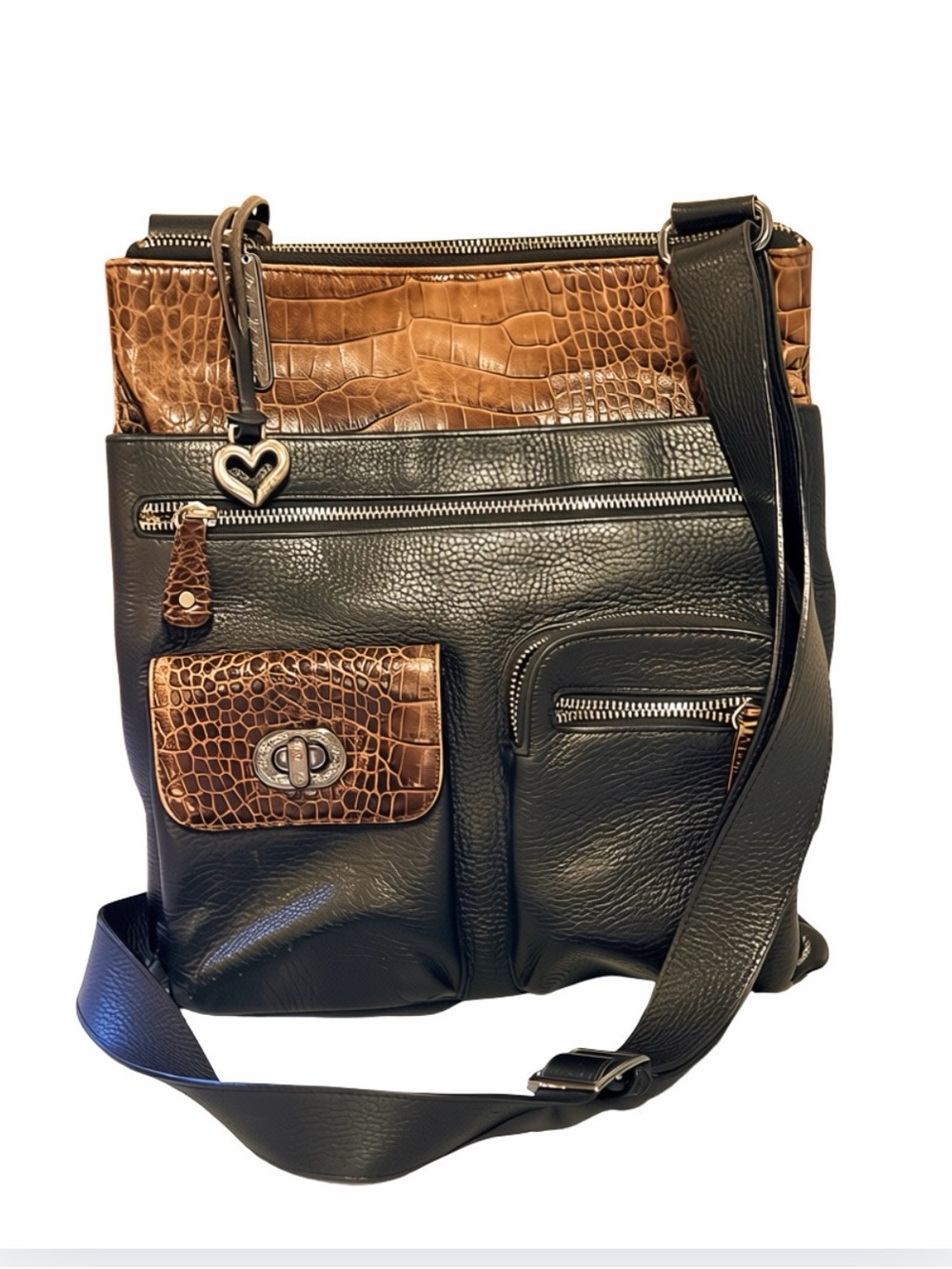 Vintage Brighton Black and Brown Croc-Embossed Leather Crossbody Organizer Bag